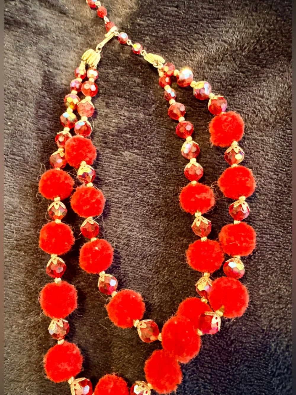 Red Pom Pom Double Strand Iridescent Statement Necklace